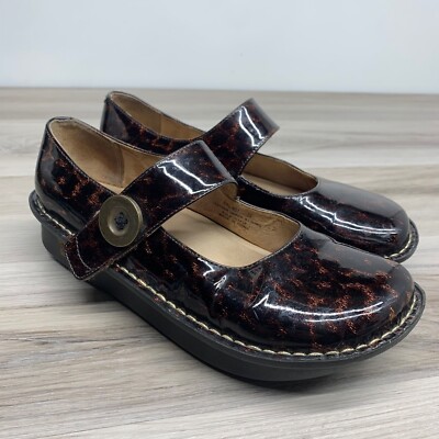 ALEGRIA Womens 39 Animal Print Brown Patent Leather Mary Janes Comfort 