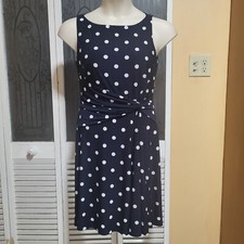 CHAPS Blue & White Polka Dot Fit & Flare Ruched Dress - Size M