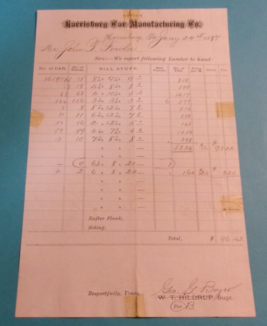 ANTIQUE 1887 HARRISBURG CAR MANUFACTURING CO. BILLHEAD INVOICE TRANSPORTATION