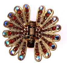 Vtg Gold Tone Rhinestone Butterfly Hair Clip Claw Metal Amber Aurora Borealis