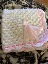 Hand Crochet Car Seat Baby Blanket Pink and White Approx 26 X 26 Inch  Brand New