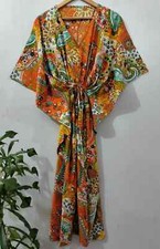 Women Cotton Orange Summer Sleepwear Beach Cover Paisley Print Long Caftan Dress