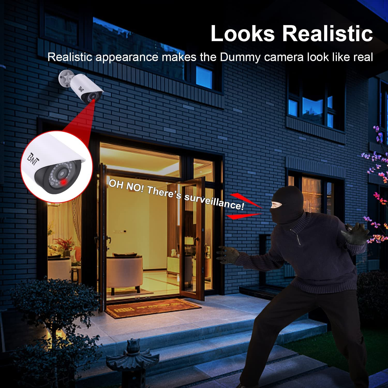 BNT Dummy Fake Security Camera with Red LED Light - Indoor/Outdoor (2 Pack)