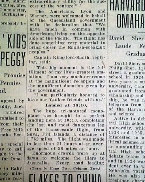 TRANSPACIFIC Airplane Flight AUSTRALIA Charles Kingsford Smith 1928 Newspaper eBay