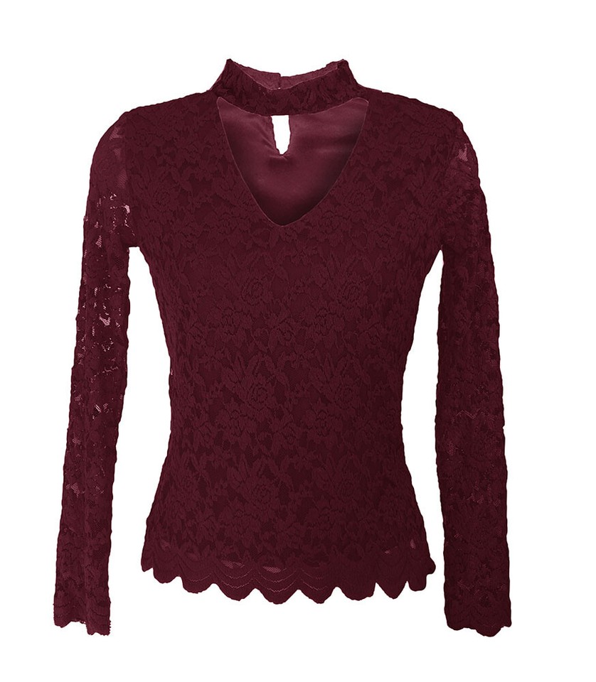 Lace Crochet Hollowed Scallop Hem V Neck Blouse