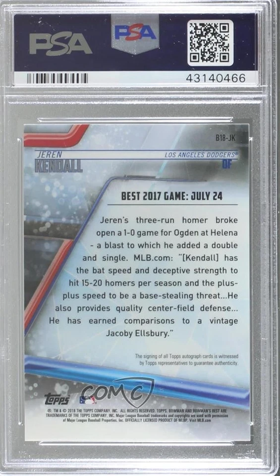 2018 Bowman's Best Best of 2018 Auto Jeren Kendall #B18-JK PSA 10 GEM MT Auto - Image 2 of 2