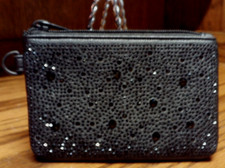 Black Wallet Coin Purse Faux Leather w/Sequins Zip Closure 4" x 5.5"    1022