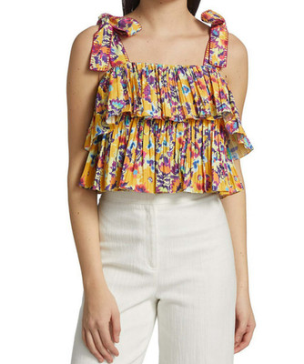 Saloni Jules Yellow Mango Sunflower Pleated Tie Strap Crop Top, Size 6