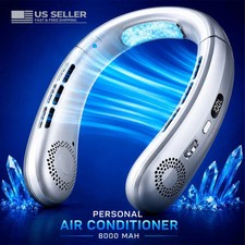 8000mAh Personal Air Conditioner Neck Fan USB Rechargeable Bladeless LED, Gray