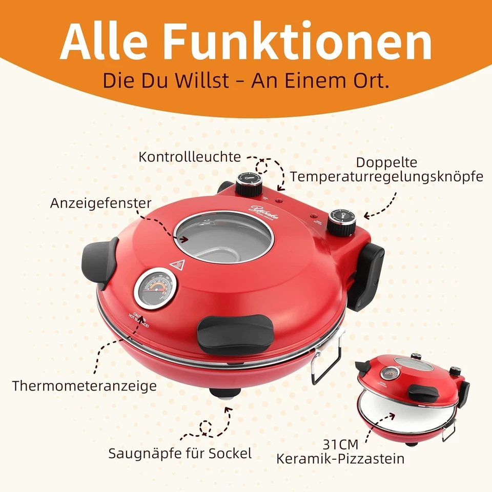 Pizza-Ofen elektrisch, 1200W in 4-Min-Pizza, 31cm Stein, Max 420℃, 5 Modis, Rot - Bild 2 von 4