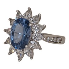 Beautiful Real Blue Sapphire CZ Accent Halo Ring Platinum Over Sterling Silver