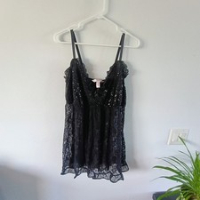 Cacique 22/24 Black Lace Sequin Babydoll Cami Plus Size Sheer Lingerie Top
