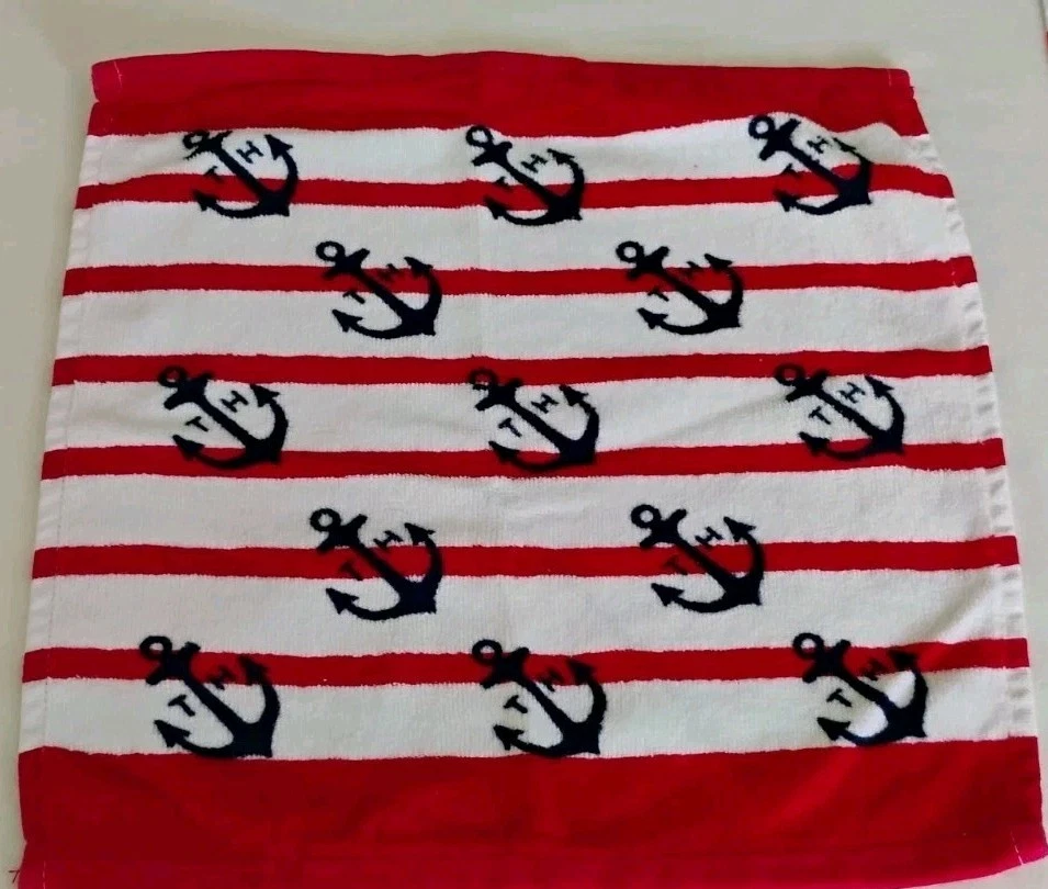 Tommy Hilfiger Bath Towel & Washcloth Set Red White & Blue Anchor Nautical EUC - Image 4 of 4