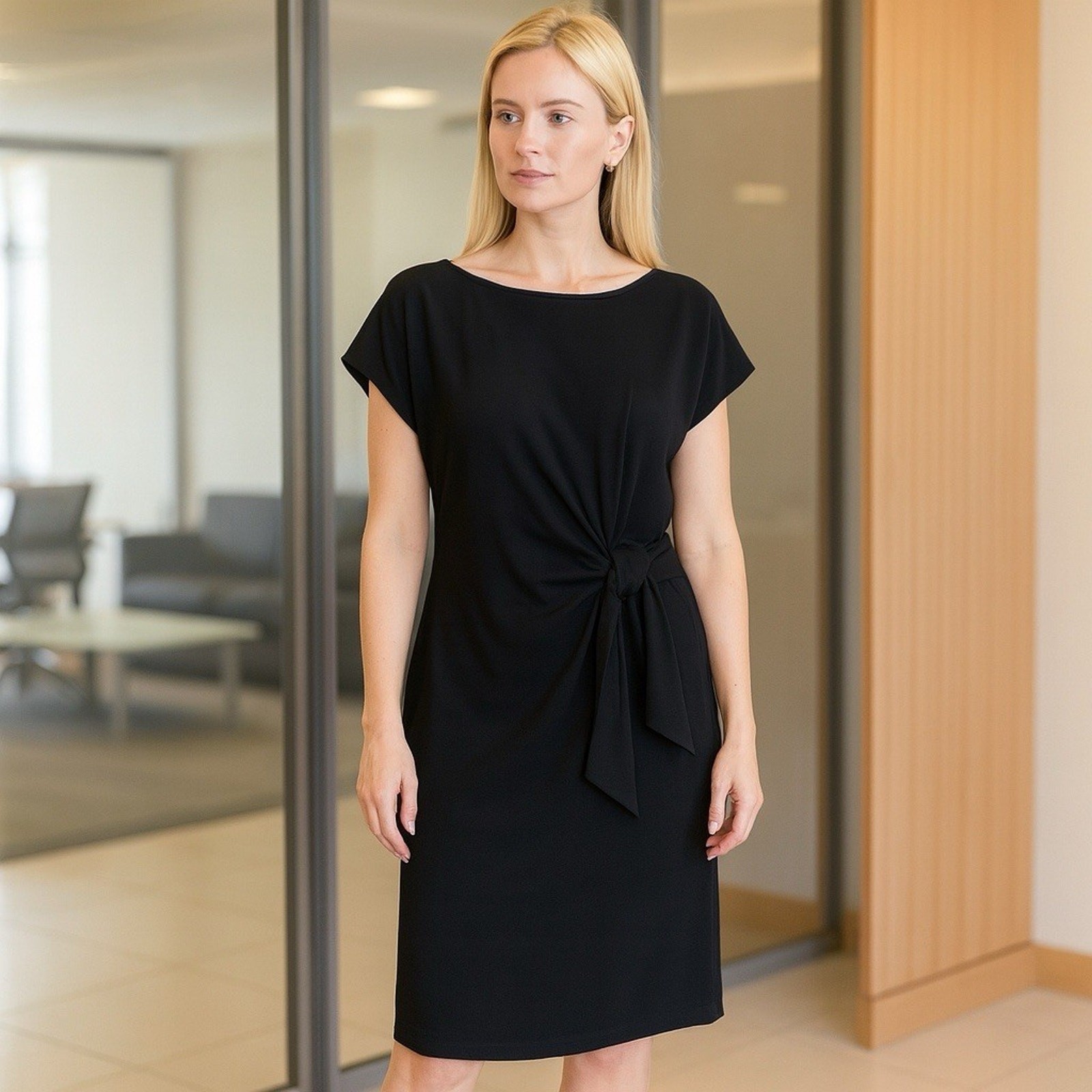 Chico's Dress NWT Women's Size 3 (XL) Midi Black Stretch Dolman Sleeve Side Tie