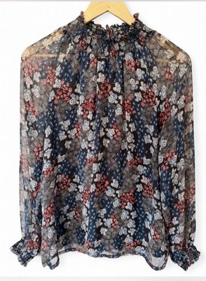 ICHI Multicolor Floral Sheer Chiffon Ruffle High Neck Button Blouse Women 38