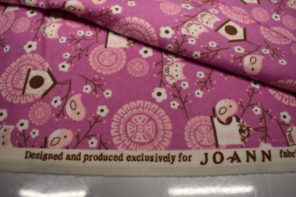 JOANN Cotton Flannel  2.8 yards x 43" BIRDS OWLS FLORAL bird house PINK BROWN - Image 3 of 4