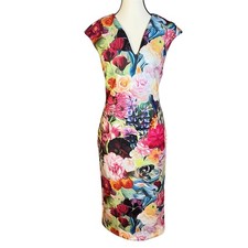 Ted Baker Midi Dress Multicolor Floral Bodycon Sheath Womens Size 6 Exposed Zip
