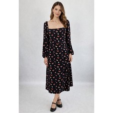 Boden Floral Midi Dress Womens 10 Black Dark Romantic Ditsy Garden Cottage NEW