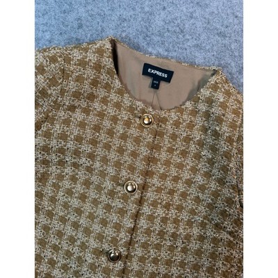 Express Women Brown Metallic Tweed Plaid Blazer Jacket Gold Buttons Size S