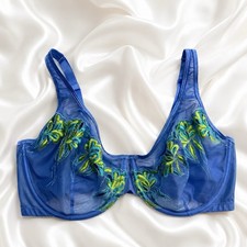 Cacique Bra 40DD Blue Lace Underwire Full Coverage Floral Embroidered Sheer