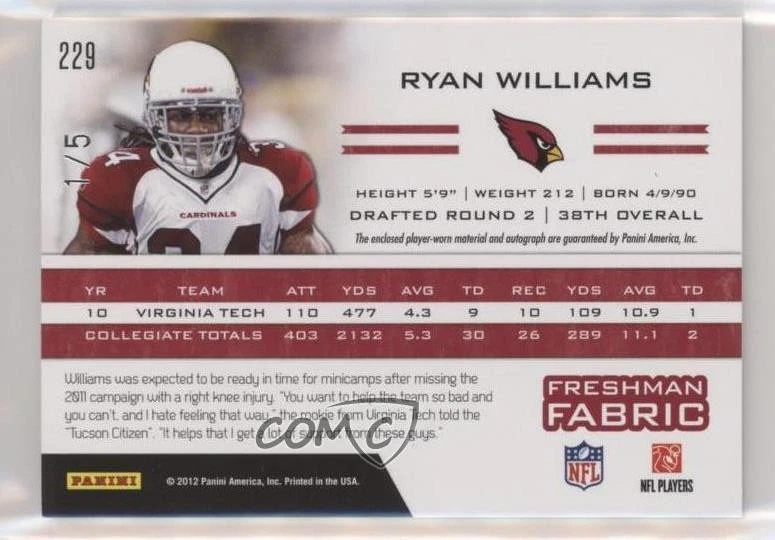 2011 Totally Certified Freshman Fabric Green /5 Ryan Williams Rookie Auto RC - Image 2 of 2
