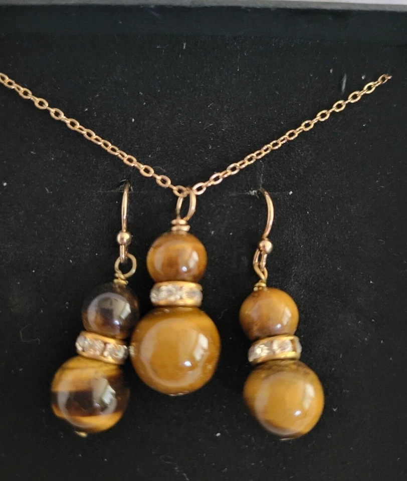 Juego de Pendientes Collar Piedra Turquesa y Marrón En Caja Estrás Vintage  Foto 4 de 4