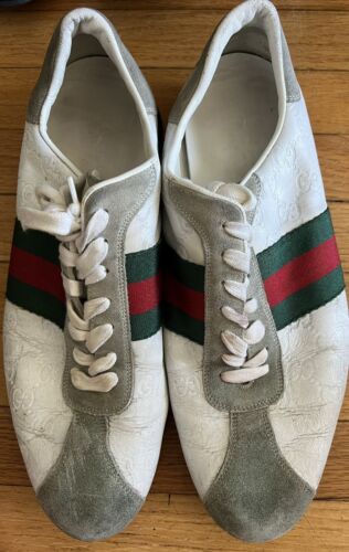 Vooruitzien Eigendom Waar Gucci mens shoes White leather vintage monogram size 10.5 G pre owned | eBay