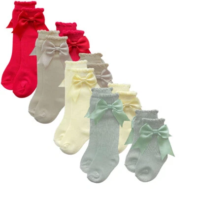 NURSERY TIME Baby Girl Socks Satin Bows Spanish 2 Pack Knee High Ankle Colours