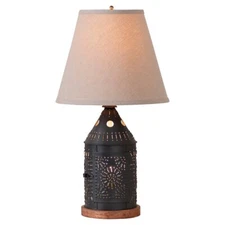 Rustic Tinner's Revere Lamp with Linen Empire Shade - Metal Lantern & Wood Base