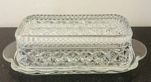 Vintage Wexford Anchor Hocking Glass Covered Butter Dish Diamond Point Pattern