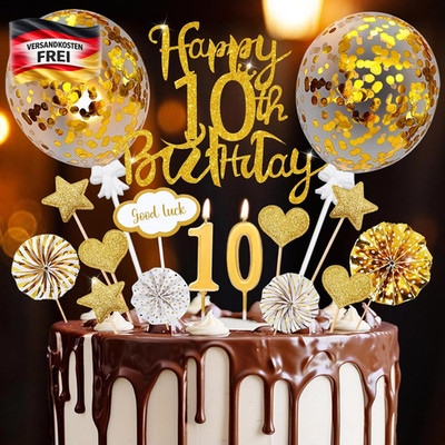 Tortendeko für 10 Geburtstag Kinder gold Set mit Cake Topper Kerzen und Ballons