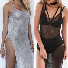 Sling Kleid Damen Netz Strandkleid transparent lang Cover Up Strick Badeanzug Bi