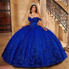 Elegant Royal Blue Quinceanera Dress with Off Shoulder Bead 3D Floral Ball Gown