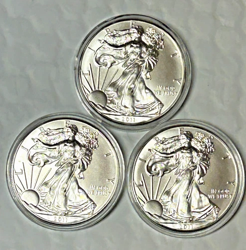 *Lot of 3-2011 Silver Eagle $1 - BU - Brilliant Uncirculated -Airtight Capsules*