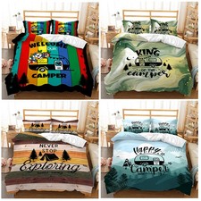 Exploring Wild Camp Happy Camper Striped Camping Doona Duvet Quilt Cover Bed Set