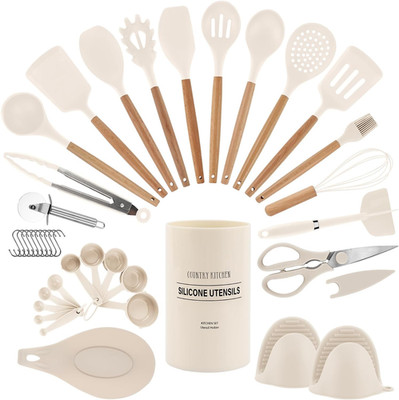 NEW 38-Piece Non-Stick Silicone Utensil Set   Rounded Wood Handles for Cooking &