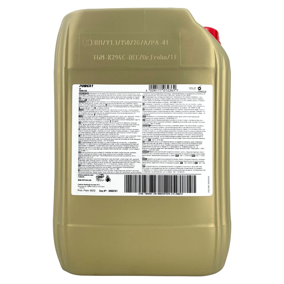 CASTROL Power 1 4T 10W-40 20L Motorradöl API SN JASO MA-2 - Bild 2 von 2