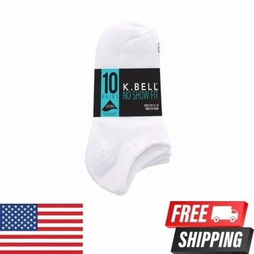 KBell NO SHOW FIT 10 PAIRS/PACK WOMEN'S SOCKS SHOE SIZE 5.5-10 K BELL WHITE NWT