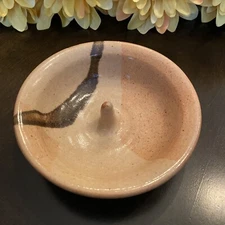 Studio Pottery Jewelry Dish Ring Holder Beige Tan Clay Gray Glazed 1.5" x 5"