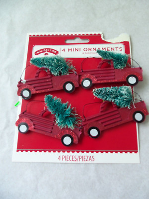 Glitter Red Truck Bottlebrush Tree New Christmas Ornaments Set!  4!!  FLATTER!