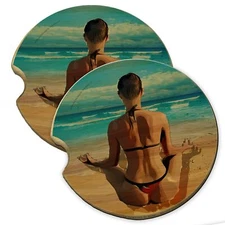 Yoga Beach Meditation Wood Car Coaster Gift Set fit Car & Truck Cup Holder