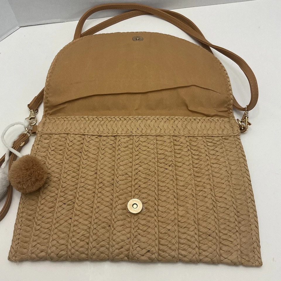Vintage Woven Rafia Purse Crossbody Shoulder Bag With Pom Poms 8” By 11” - Image 2 of 4