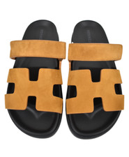 Hermes Chypre Sandal Black Naturel Gold Suede H Logo Strap Slide Slip On Flat 38