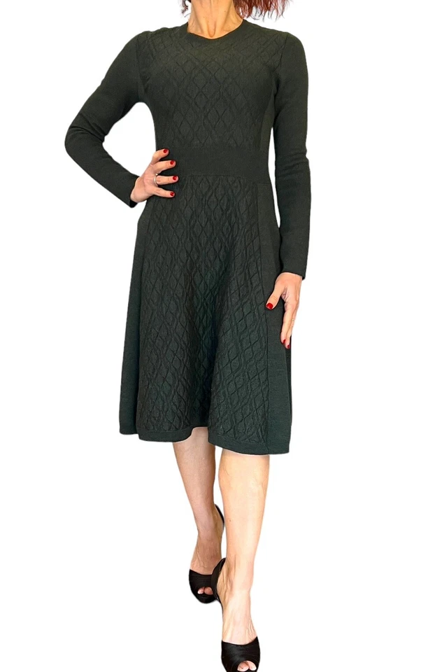 Lela Rose Vintage Crewneck Sweater Dress Green Quilted Wool/ Cashmere/Silk S - Image 2 of 4