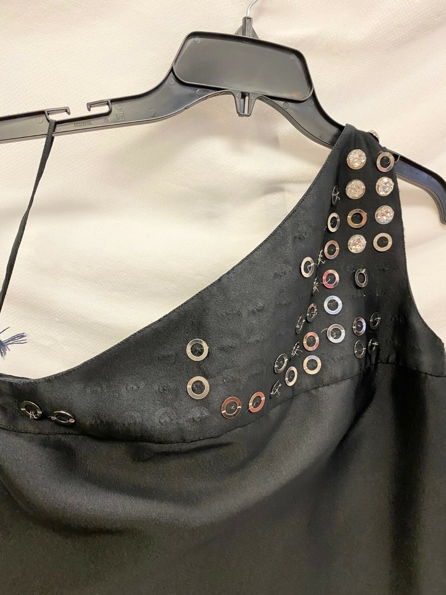PRADA Black Satin One Shoulder Rhinestone Embellished Mini PRADA Black Satin One Shoulder Rhinestone Embellished Mini