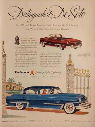 1953 vintage DeSoto blue automobile print ad, Post World War II