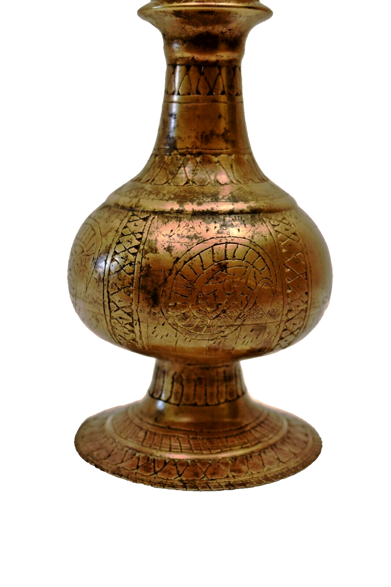 Antique Indo Mughal Flower Vase Surahi Brass Hand Engraved Bottle