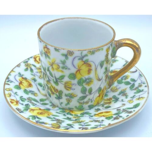 Vintage Norcrest Floral Chintz Demitasse Tea Cup & Saucer Yellow Rose Gold Trim - Picture 1 of 7