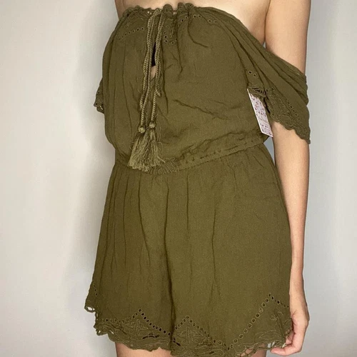 Free People olive green eyelet romper S NEW Boho Gypsy