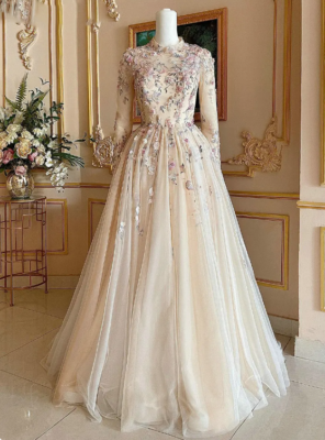 Muslim High Neck Long Sleeve A-Line Wedding Dresses 3D Flowers Sequined  Applique | eBay